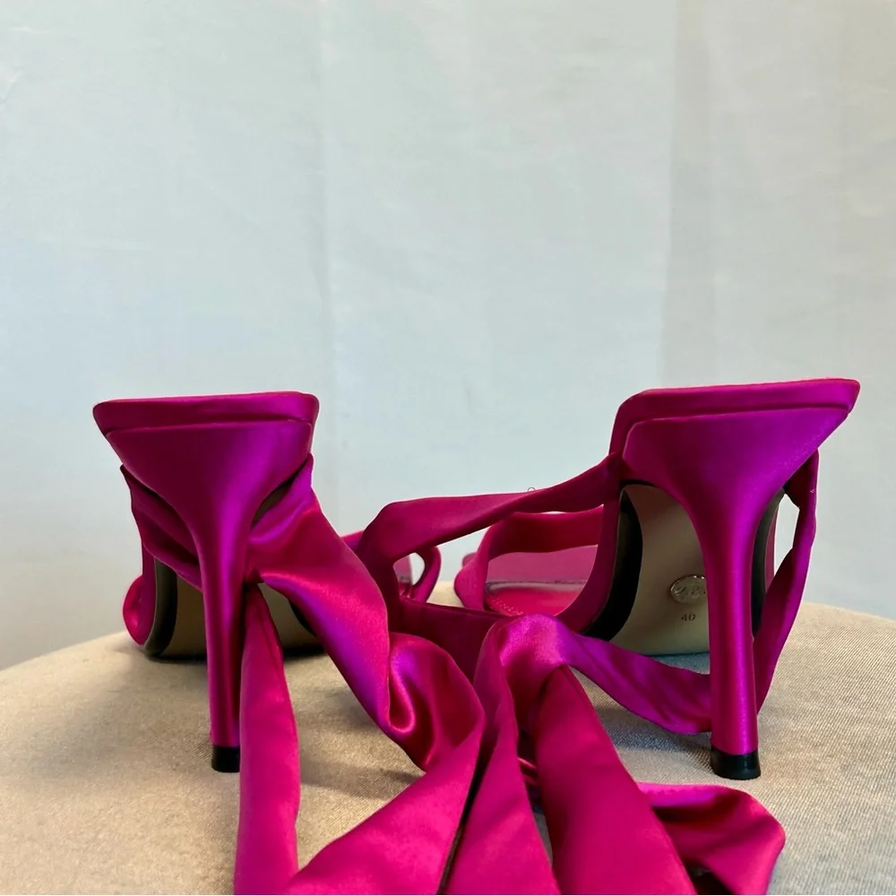 Zara fuchsia hot pink satin ankle-tie heeled sandals square toe Sz 40 open toe - Picture 4 of 9